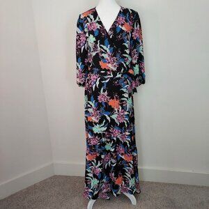 Bar 111 Black Floral 3/4 Sleeve Maxi Wrap Dress
